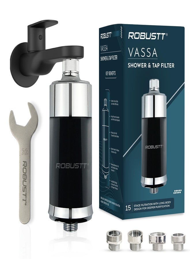 Robustt Vassa 15 Stage Shower/Tap Filter & Water Softener for Home (Black) | Reduces Hair Fall, Skin Dryness & Limescale| Hard Water Filter For Tap, Shower, Handshower| Includes Kit & Manual - Image 1